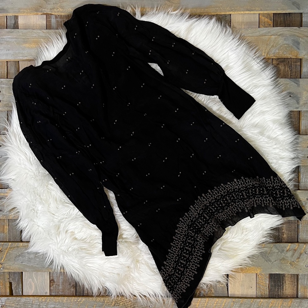 VNTG [Johnny Was] Boho Embroidered Black Midi Dress | Semi Sheer + Gray | Small - Picture 4 of 11